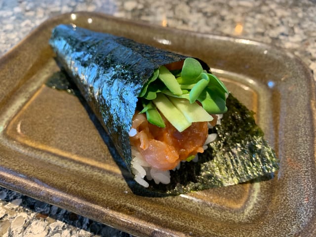 Spicy Hamachi Hand Roll.